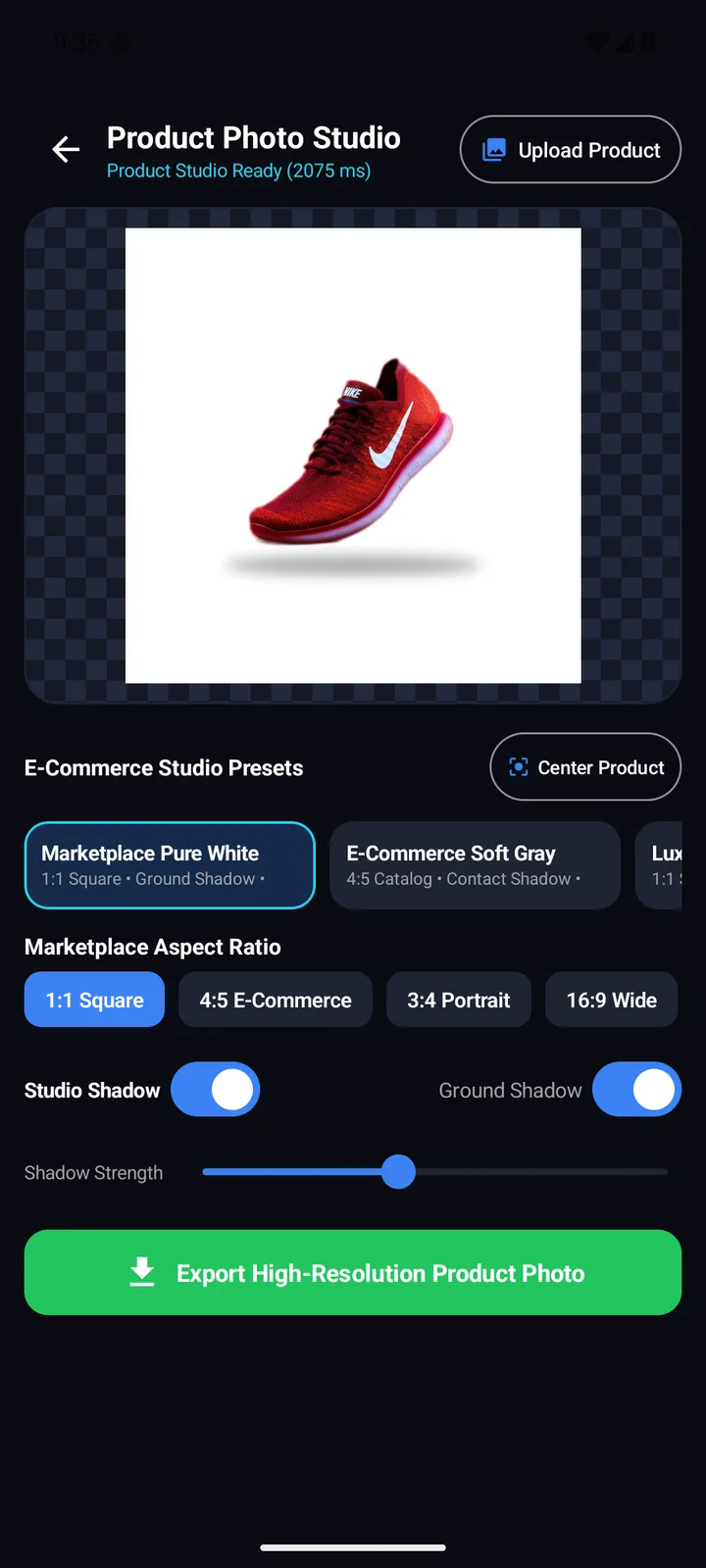 Product studio: compose a product photograph with a clean backdrop and framing.