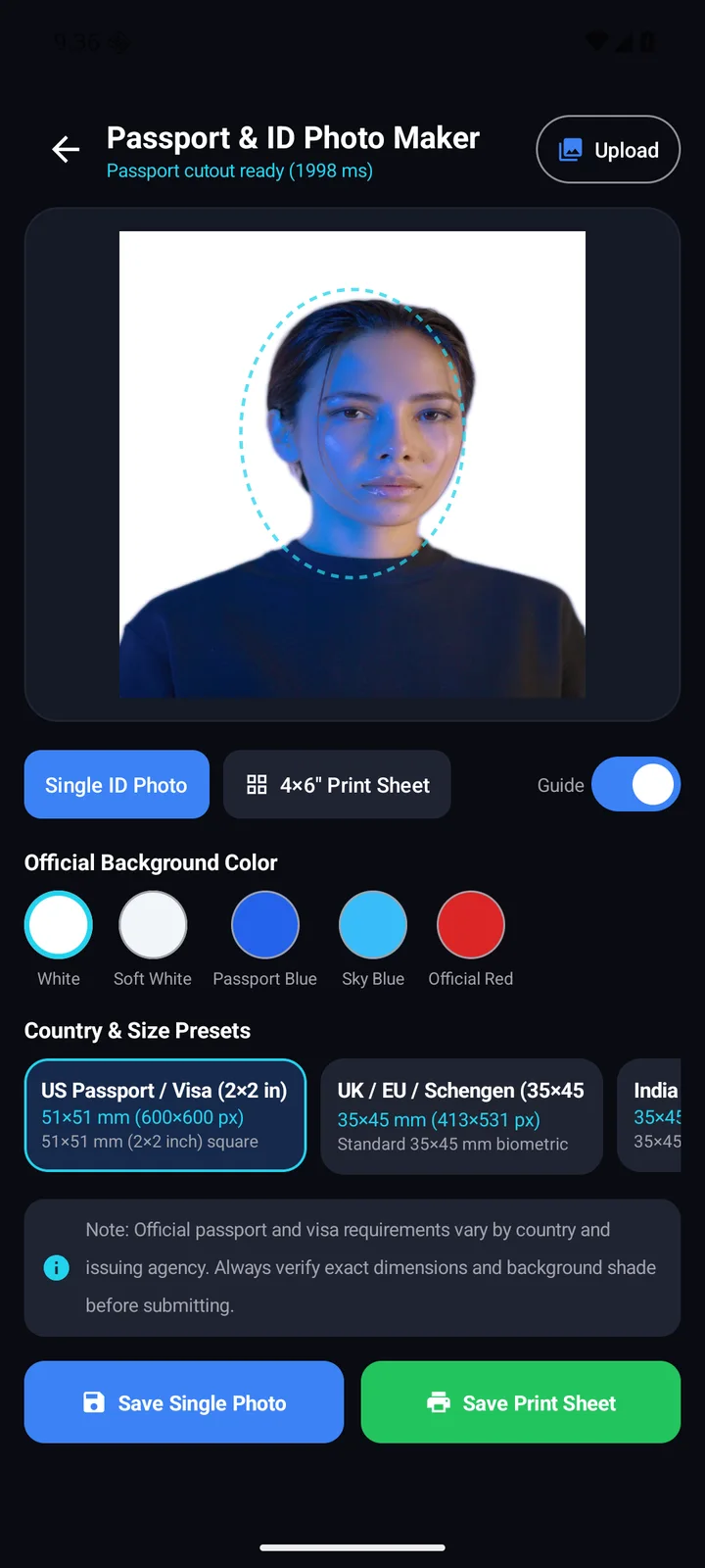 Passport photo maker: choose a photo size, align the portrait and prepare a layout.