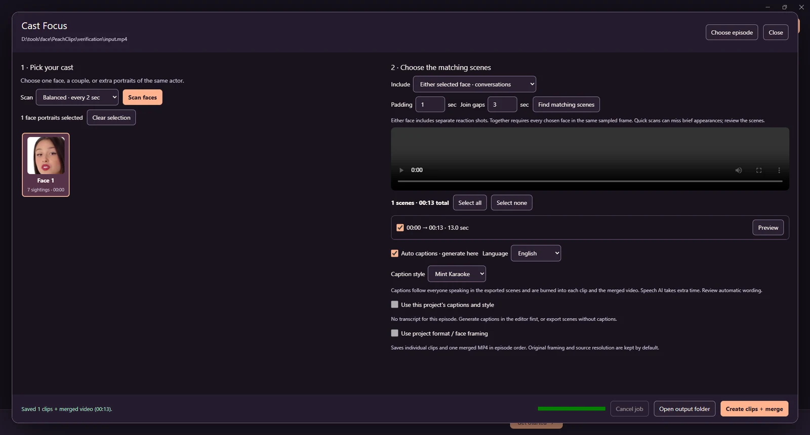 Scene results and export: review matching ranges, choose caption options and create clips plus a merged video.