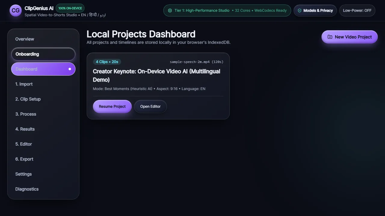 Local project dashboard: organize recordings and begin a new clip project.