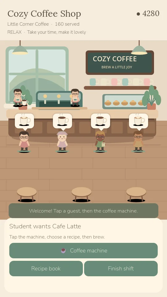 Cafe floor: welcome guests, take orders and serve drinks in portrait gameplay.