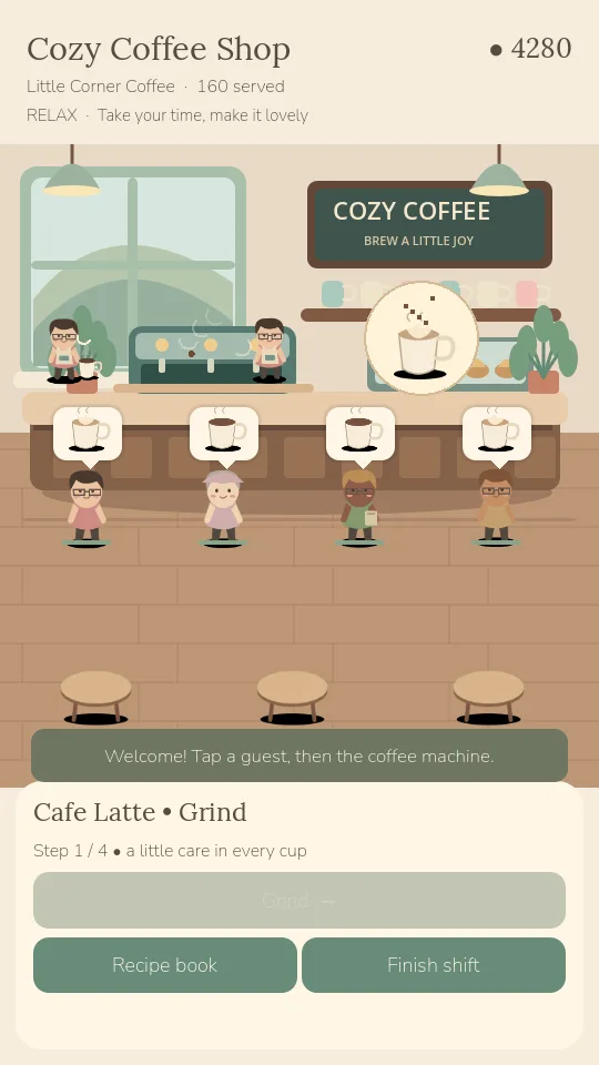 Brewing: follow the preparation steps to complete a customer's coffee order.