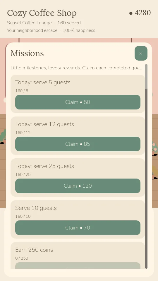 Missions: track objectives and progression as the cafe grows.