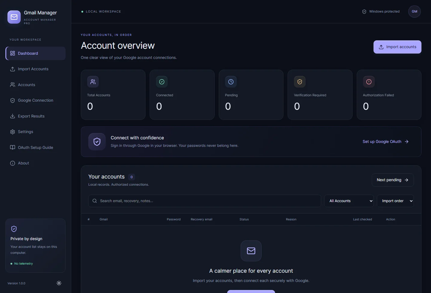 Account overview preview: connection summaries and a clean local account workspace.