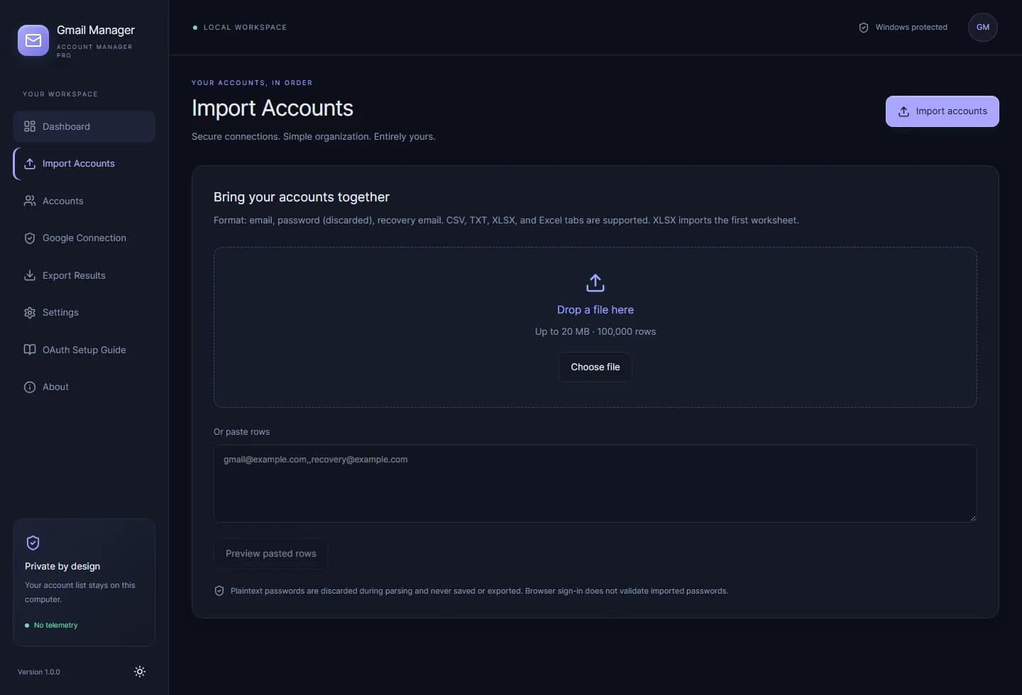 Import interface preview: review the supported import workflow before adding account rows.