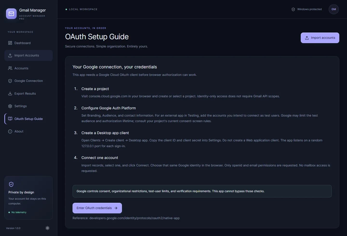 OAuth setup guide: instructions for connecting through official Google authorization.