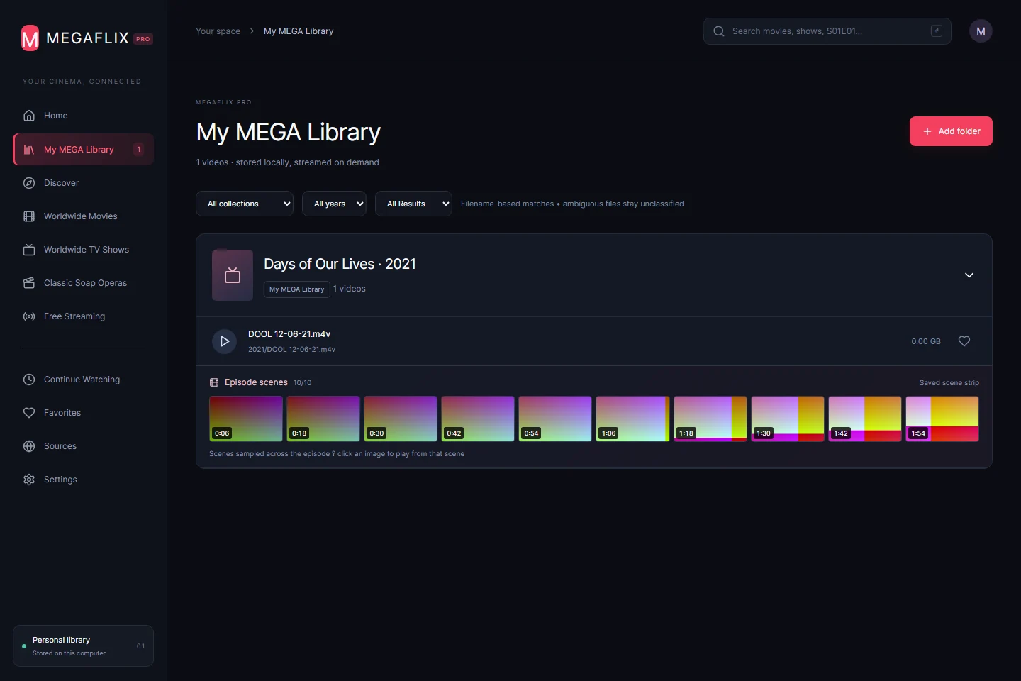Episode scene-strip interface preview with generated test footage: chronological thumbnails open the player at the selected timestamp.