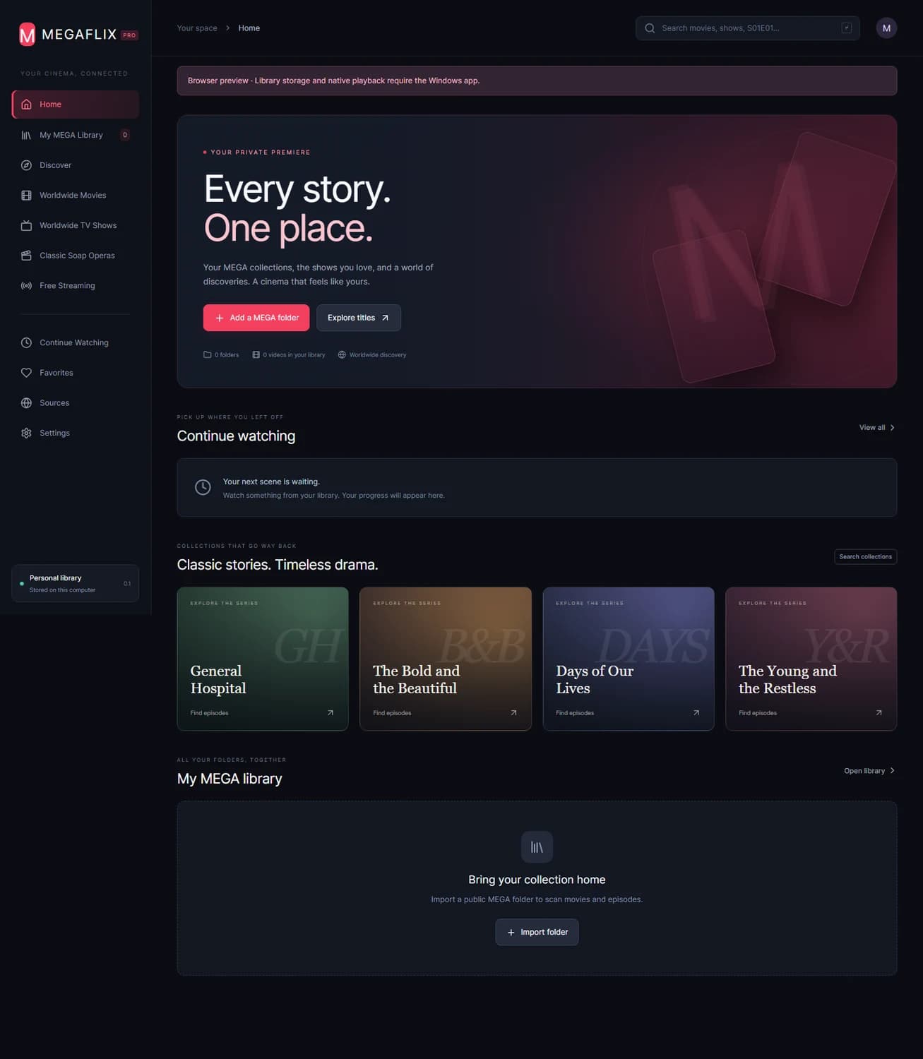 Library homepage: browse collections and return to recently viewed media.