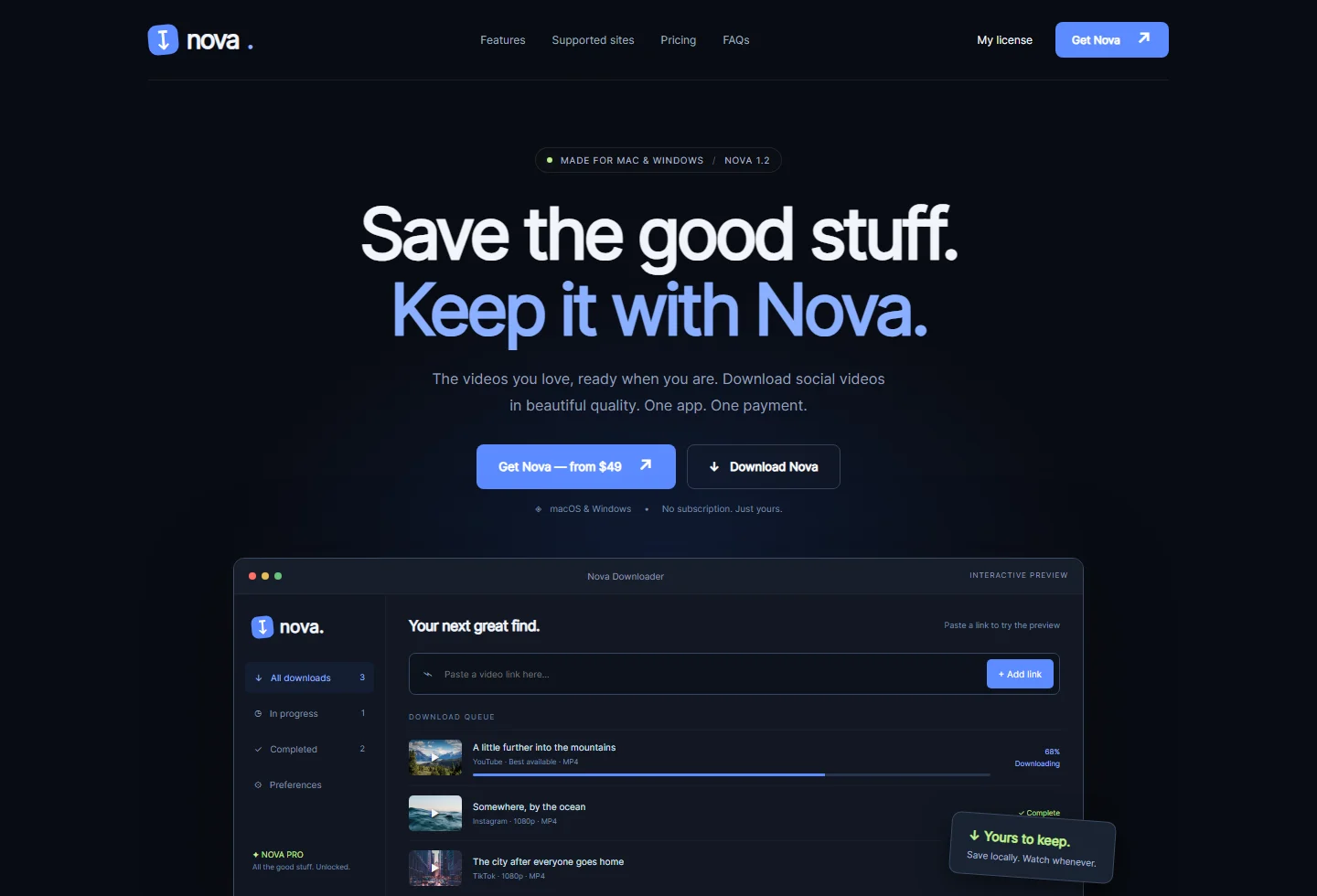 Nova product website: the Mac and Windows offering with a clearly labeled interactive interface illustration.