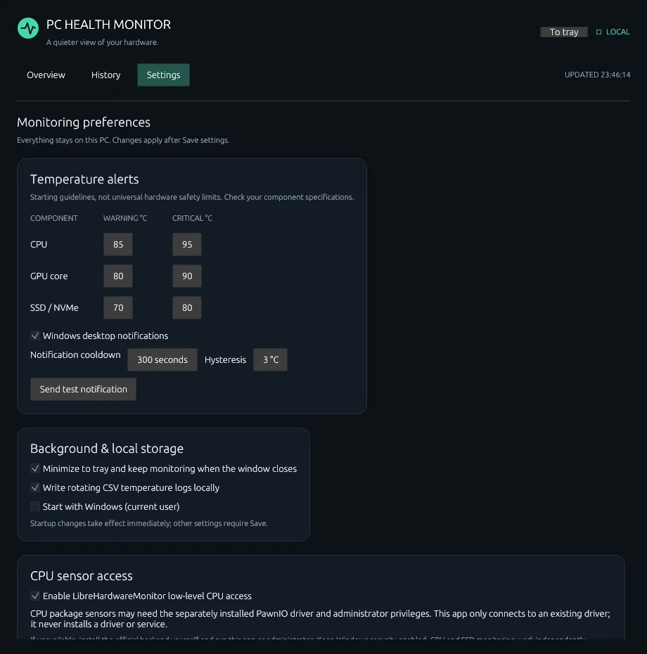 Settings: configure alert thresholds, notification cooldown and monitoring preferences.