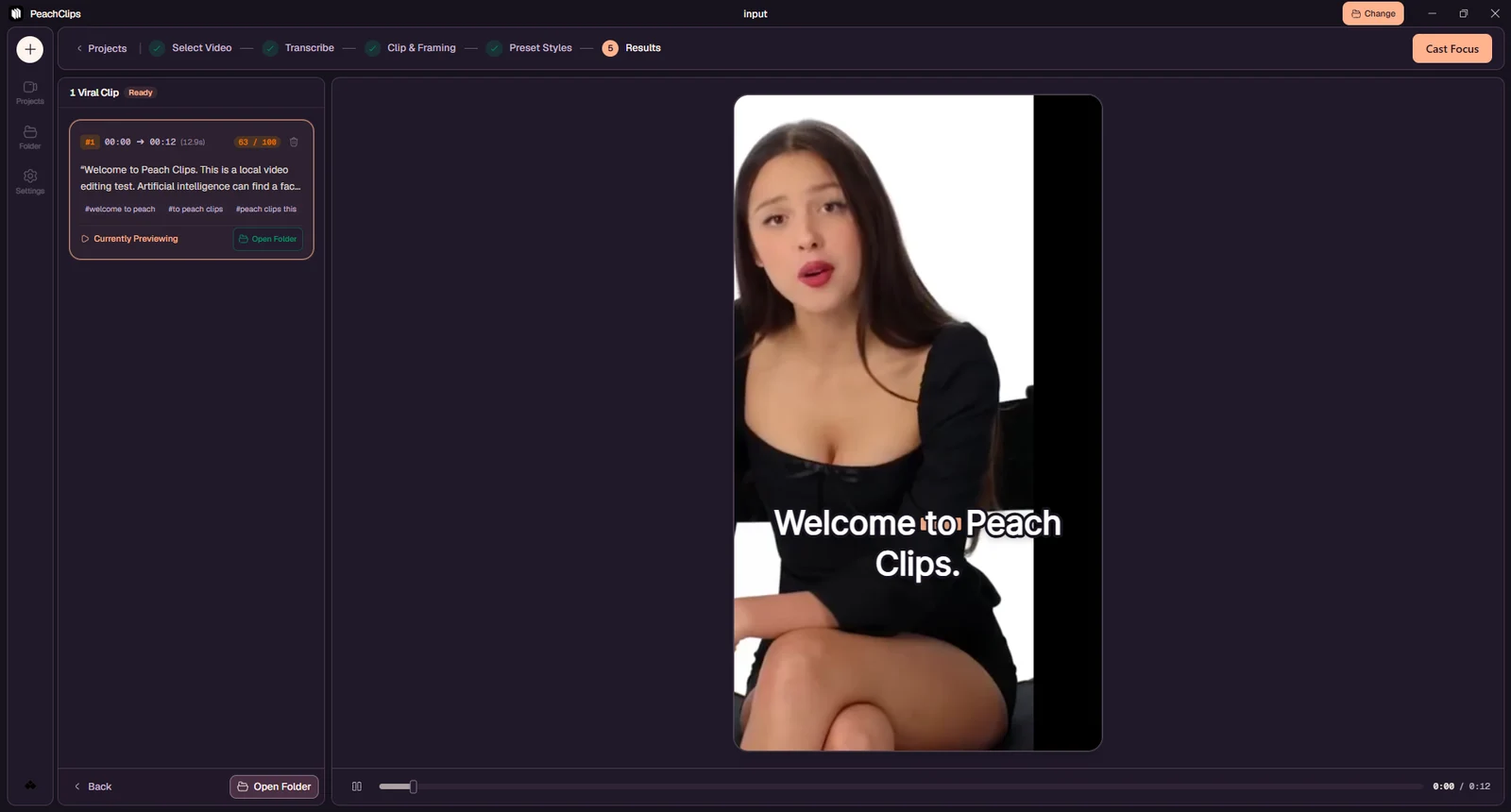 Clip results: review the generated short video and its styled captions.