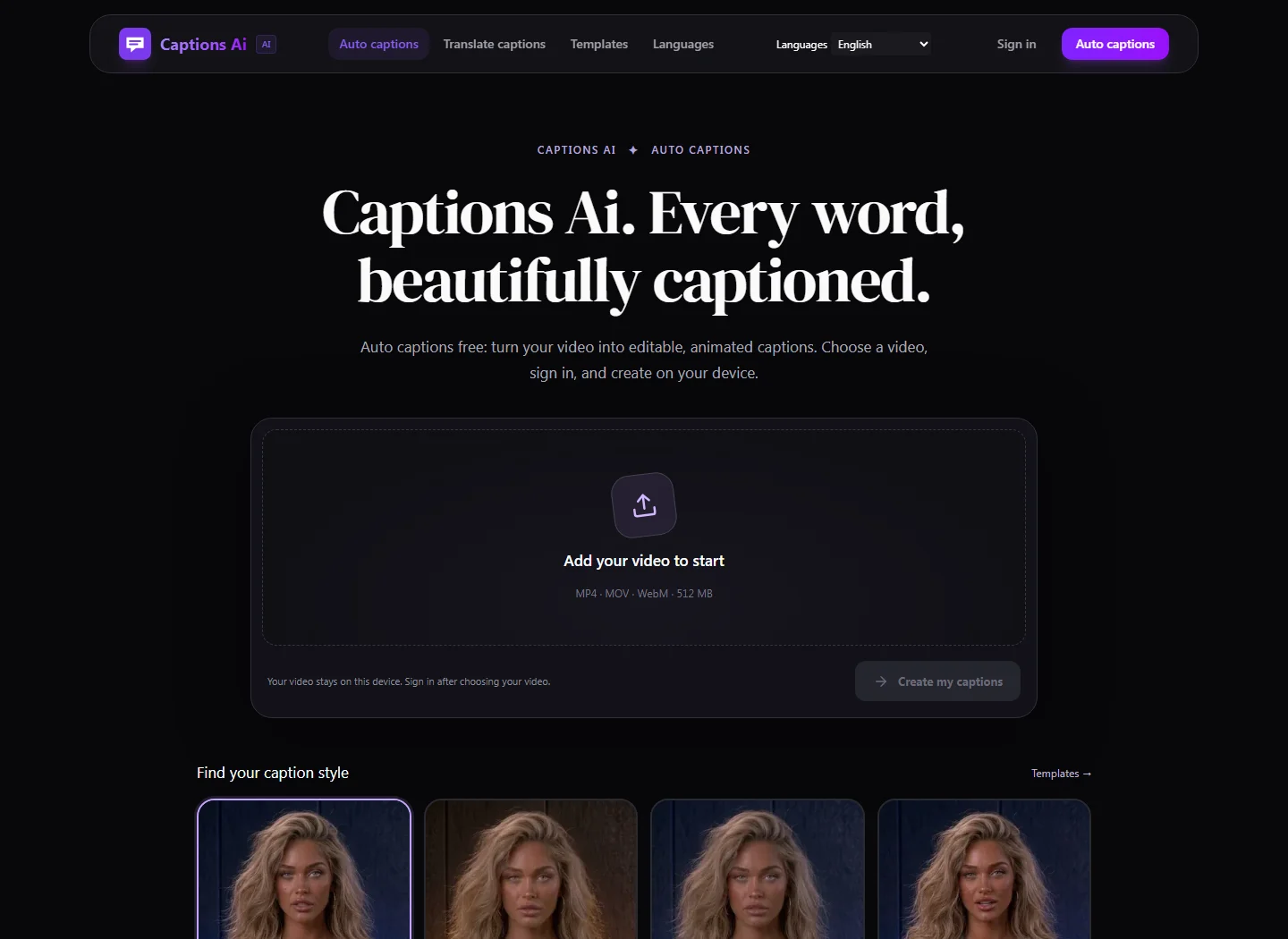 Live homepage: select a video and start the browser-based auto-caption workflow.