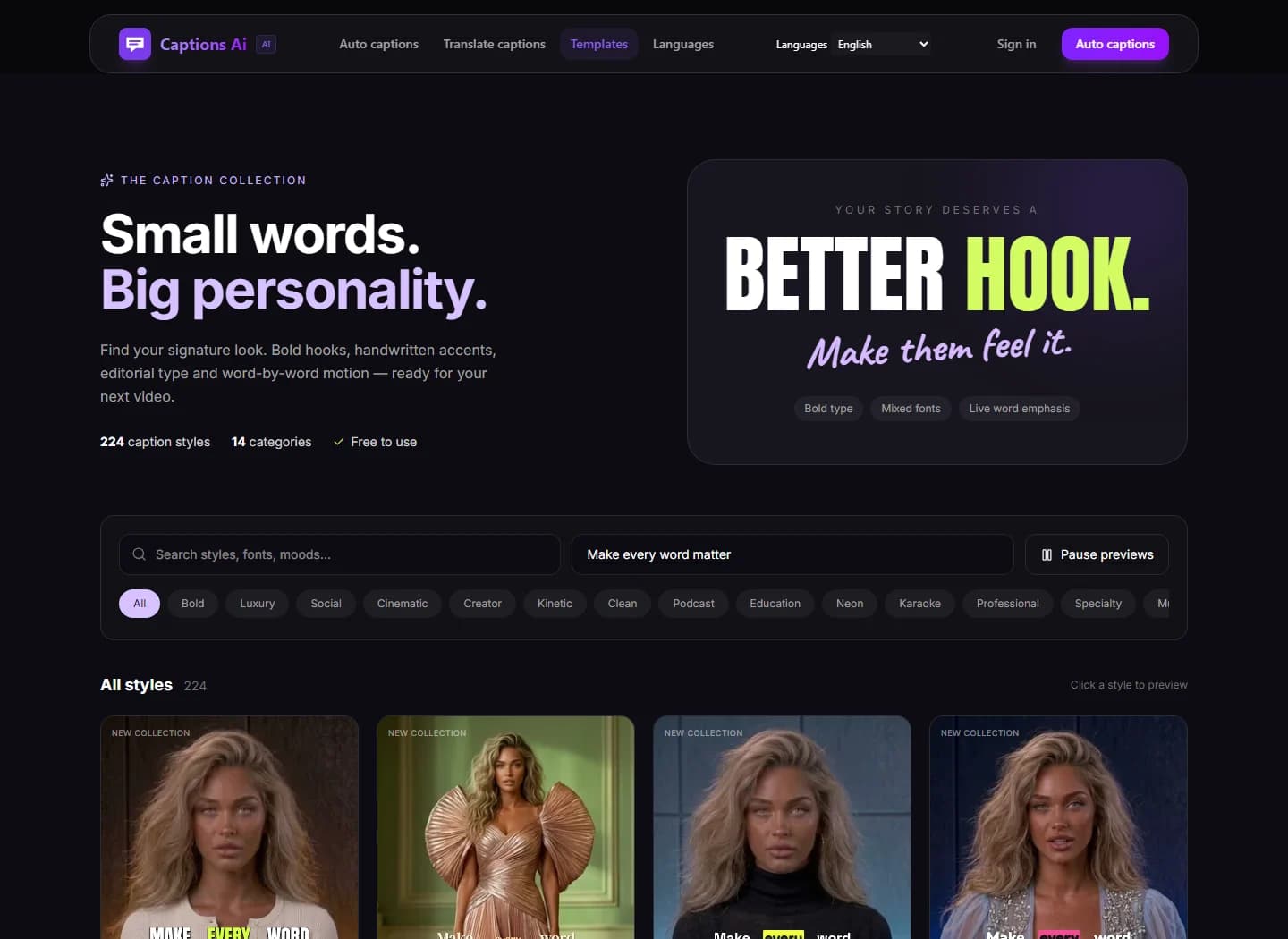 Caption templates: explore visual styles for animated, readable subtitles.
