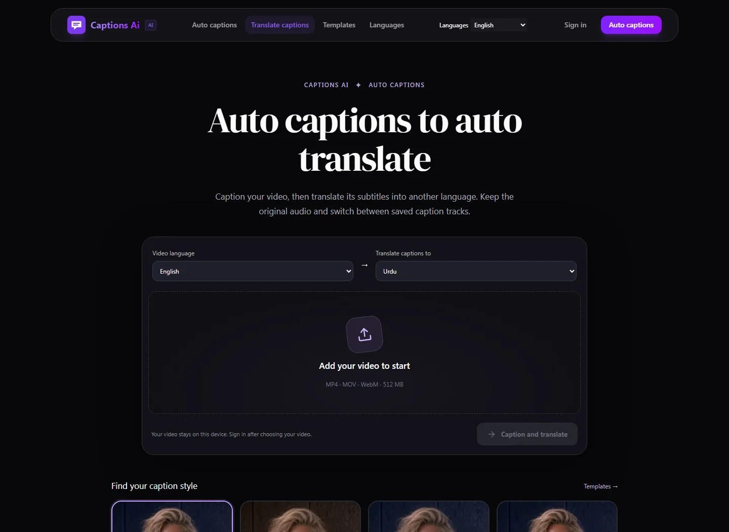 Translate captions: create another-language caption track while keeping the original audio.