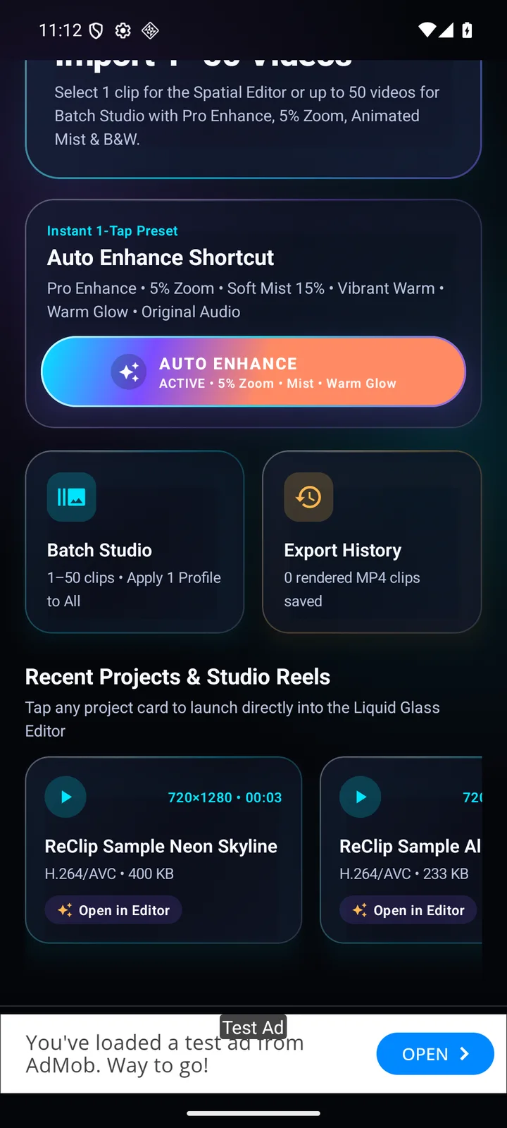 Home studio: video import, Auto Enhance, batch editing and recent projects.