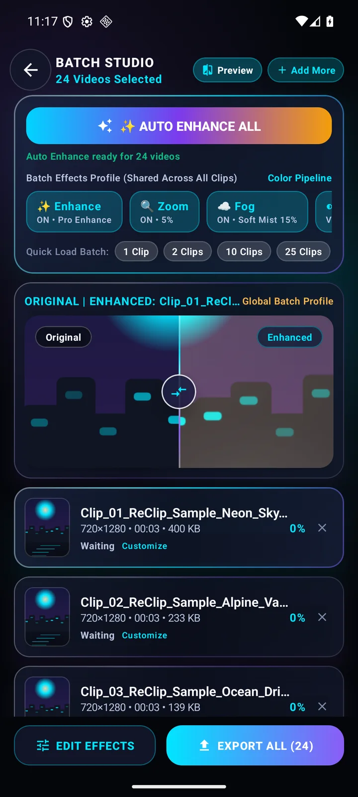 Batch studio: organize a queue of videos for a consistent editing workflow.