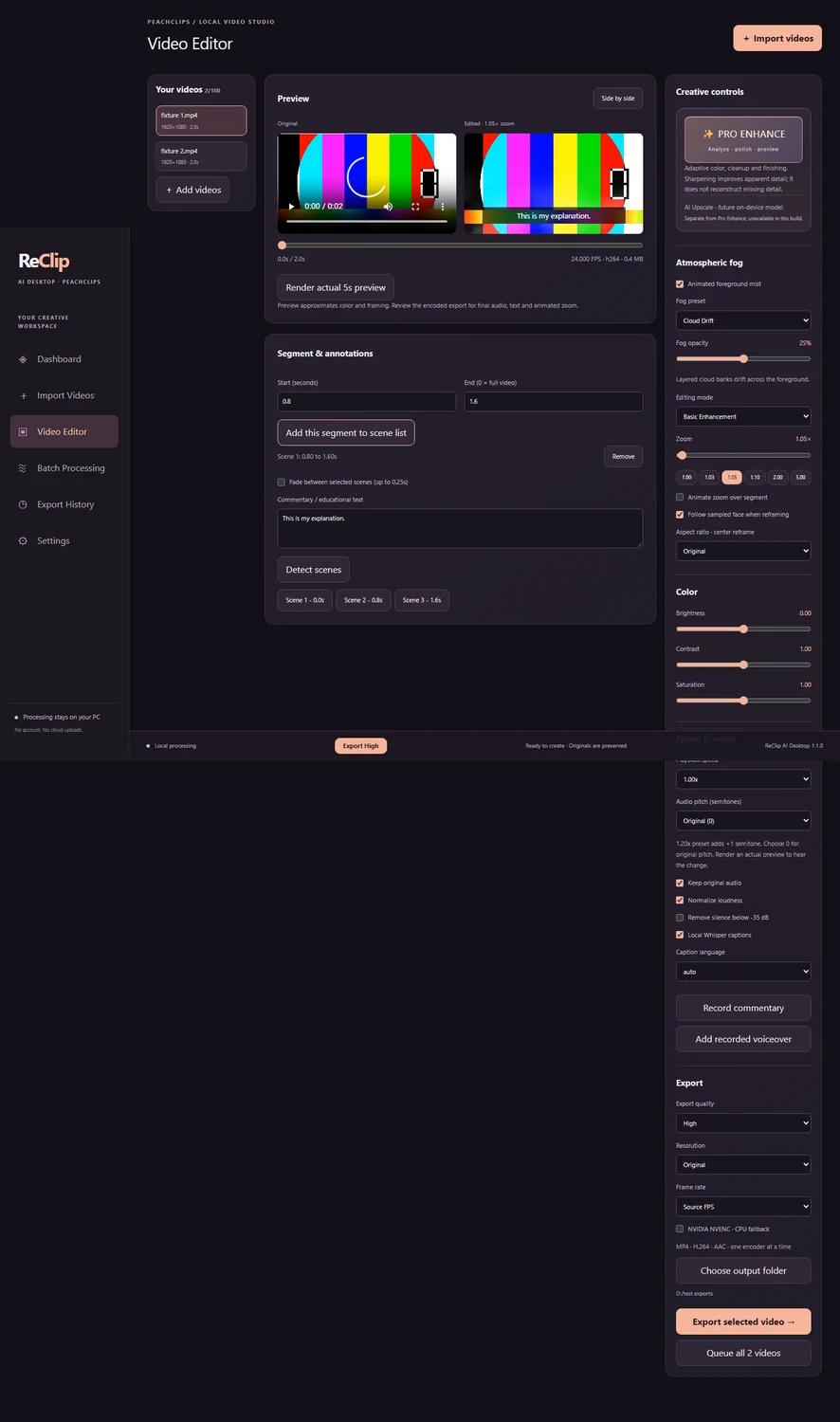 Video editor preview: inspect framing, color and effect controls before export.