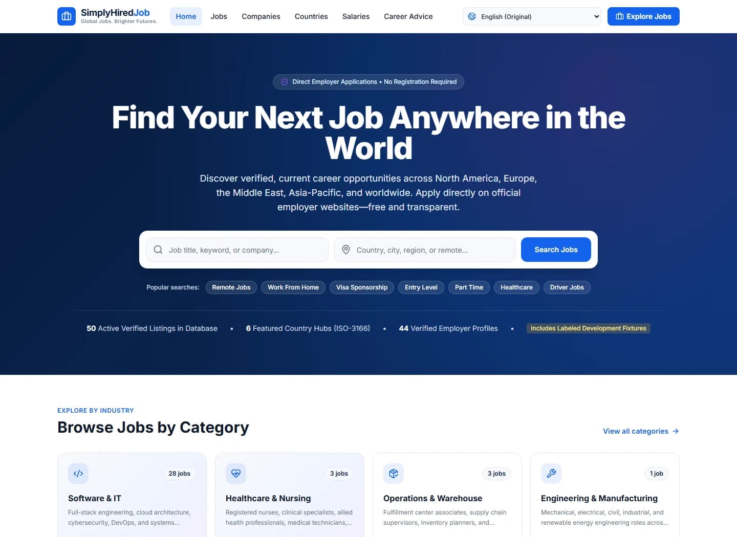 Live homepage: search for roles and browse industry categories.