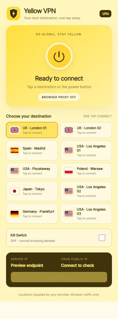 Disconnected interface preview: browse the configured server locations and find the connection controls.