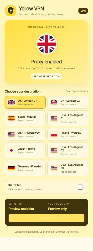 Connected-state interface preview: the country indicator, selected destination and exit IP panel. Values shown are illustrative.
