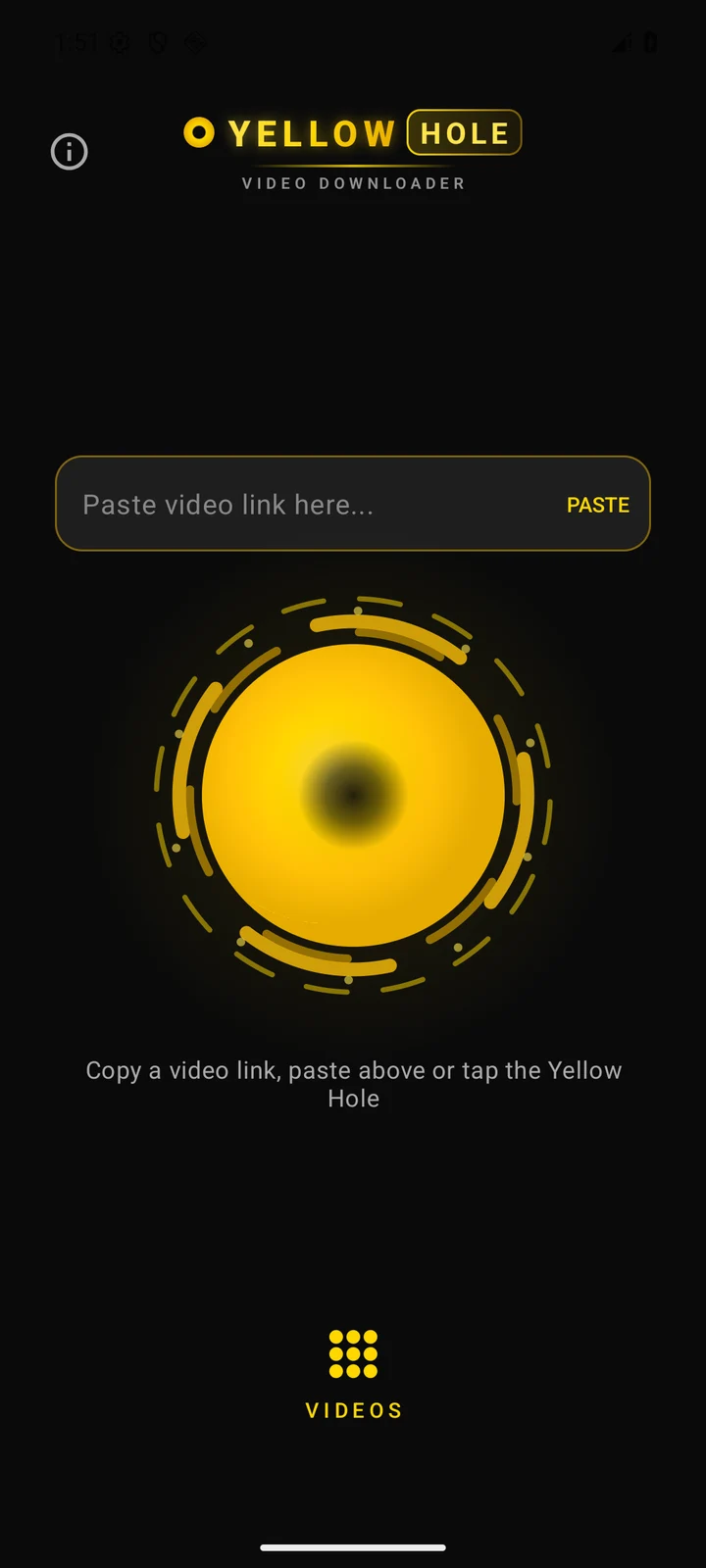 Home screen: paste a supported video link and start a download from the yellow-and-black interface.